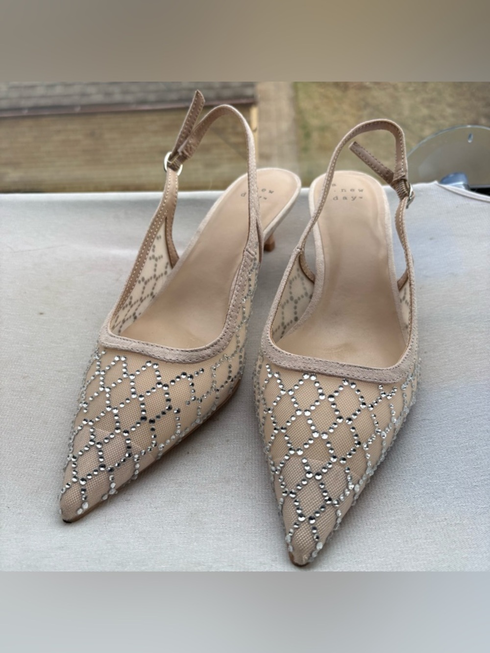 a new day Nude Mesh Slingback Kitten Heels with Rhinestone Lattice